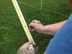 Measure and mark all of your PVC pipes.  You need 10 Four-foot lengths, 10 Three-foot lengths, and 20 One-foot lengths.  (If you cut them right, you'll have exactly the right amount of PVC pipe!)